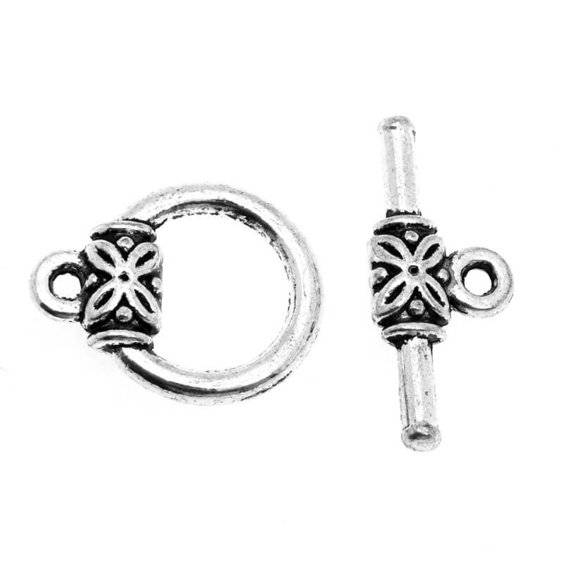 Two-piece toggle clasp, flora, burnished silver, 22x9x3.5 and 18x14x4mm, 2pcs SH015