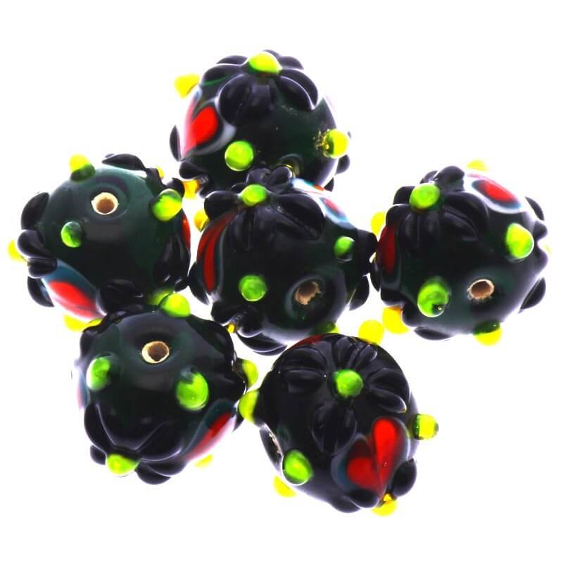 Lampwork beads, convex green flowers 17x14mm 1pc SZLAOP041