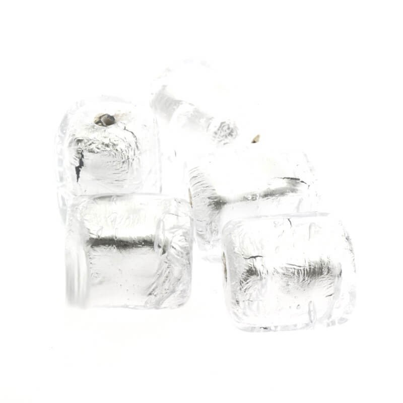 Ekskluzywne szkło weneckie sześcian transparentny srebrny 17x13x13mm 1szt SZLXK0201
