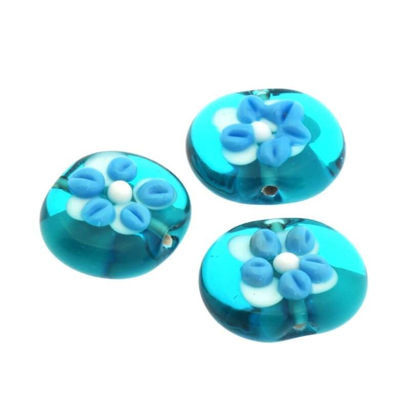 Glass lux, coin, turquoise flower 19x16x8mm 1pc SZLXS624