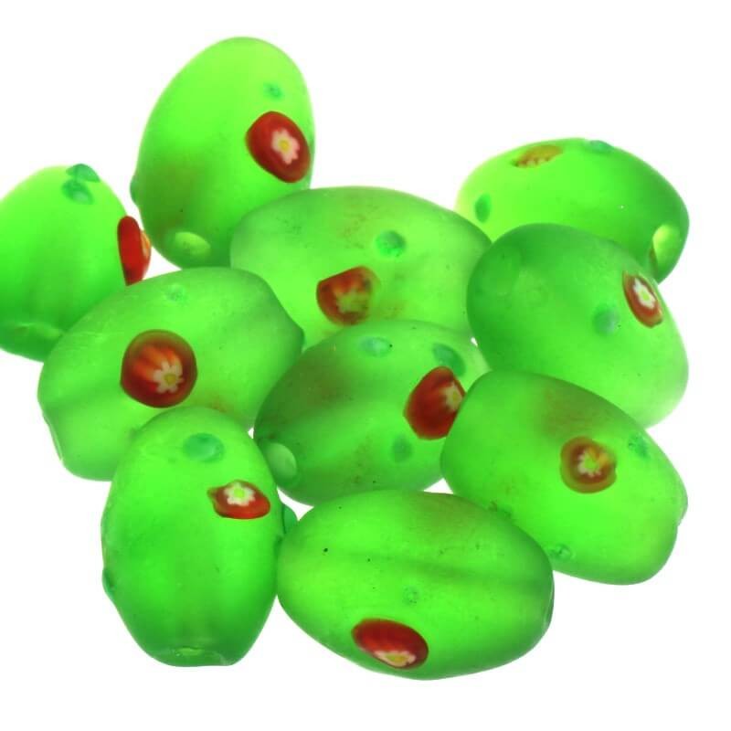 Koralik oliwka millefiori mat  zielony 16x10mm 2szt SZMAOL004