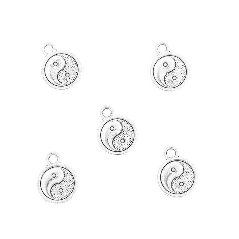 Pendants for bracelets, coins, double-sided Yin Yang, 5pcs, oxidized silver 14x10x2.5mm AAS484