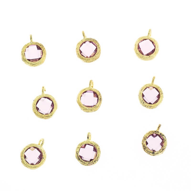 Round small pendants crystals in the ferrule for bracelets amethyst 1pc gold-plated 10x7x3mm ZG166