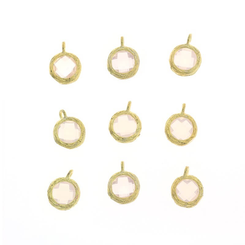 Okrągłe małe zawieszki kryształki w okuciu do bransoletek  różowy opal 1szt pozłacane 10x7x3mm ZG168