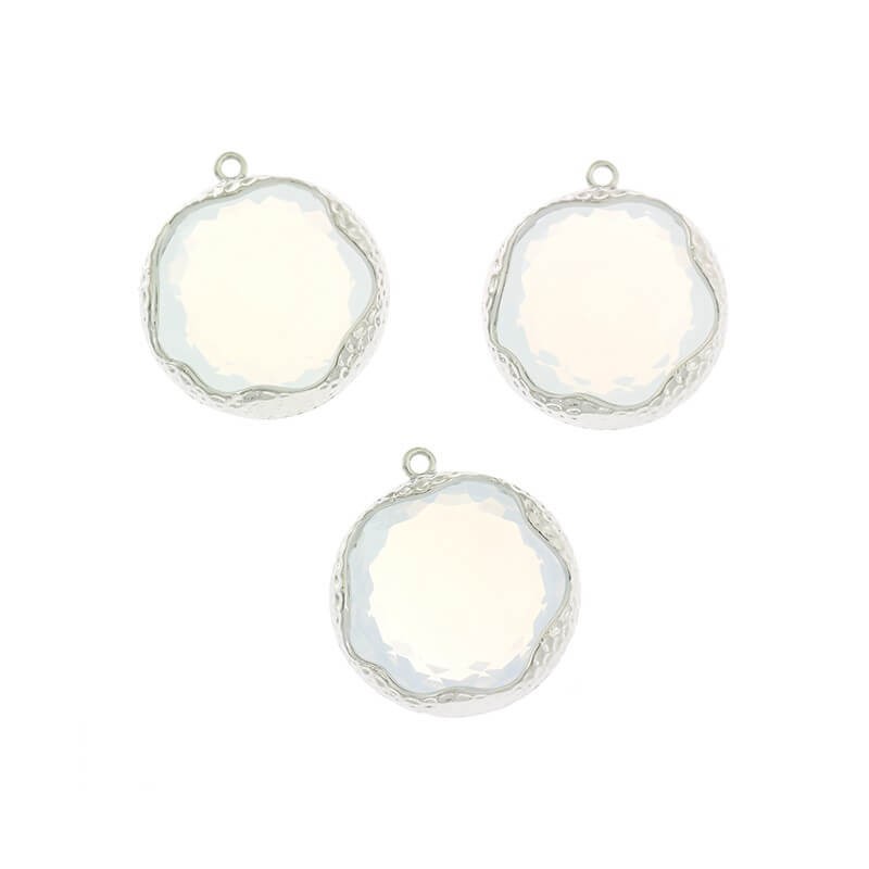 Large crystal pendants in a hammered ferrule white opal 1pc silver plated 22x20x9mm ZG093