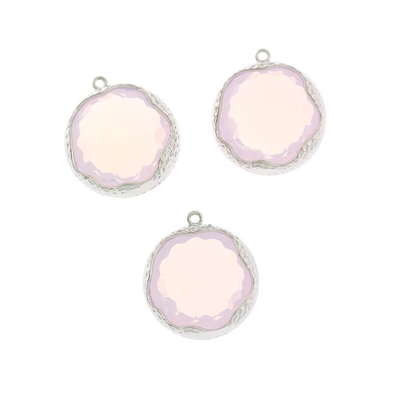 Large crystal pendants in a hammered ferrule pink opal 1pc silver plated 22x20x9mm ZG096