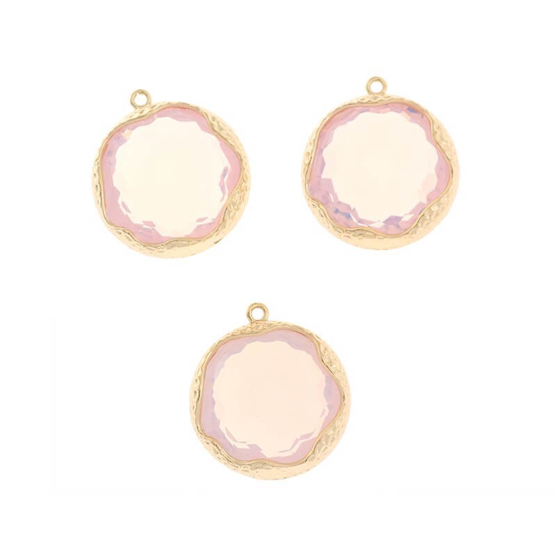 Big crystal pendants in a hammered ferrule, pink opal, 1 pc gold-plated 22x20x9mm ZG103