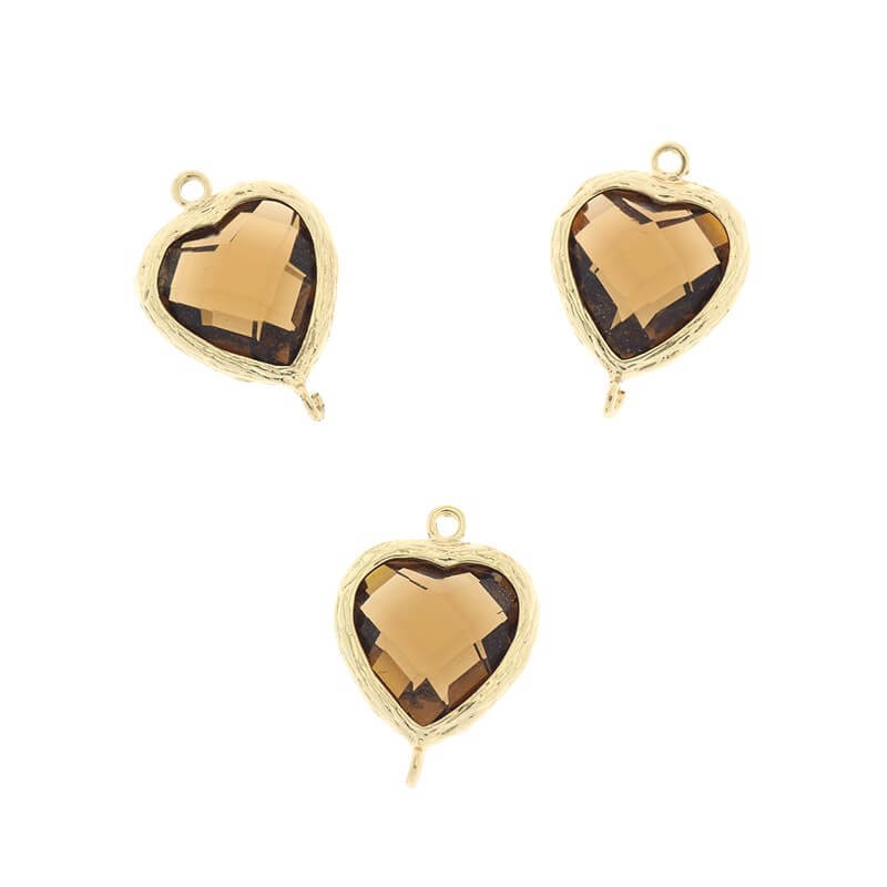 Connectors for earrings crystals in the ferrule of hearts cognac bronze 1pc gold-plated 20x14x6mm ZG113
