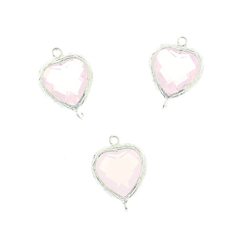Connectors for earrings crystals in heart fittings pink opal 1pc silver plated 20x14x6mm ZG107
