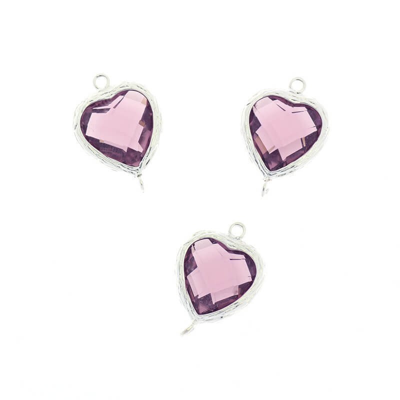 Connectors for earrings crystals in the ferrule of amethyst hearts 1pc silver plated 20x14x6mm ZG112