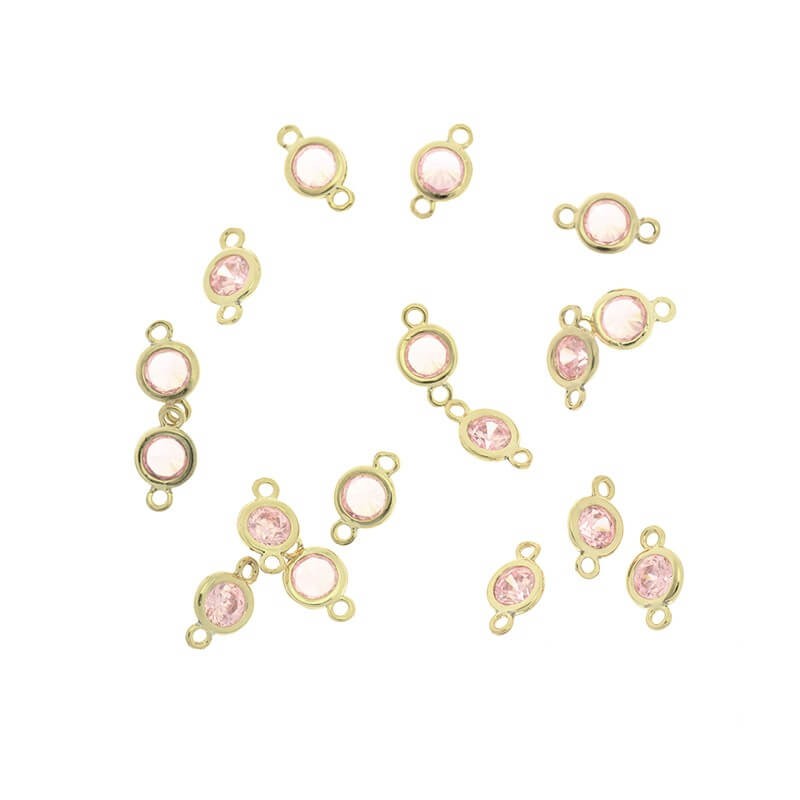 Łączniki do biżuterii kryształki w okuciu różowa cyrkonia 1szt pozłacane 9x5x3mm ZG143