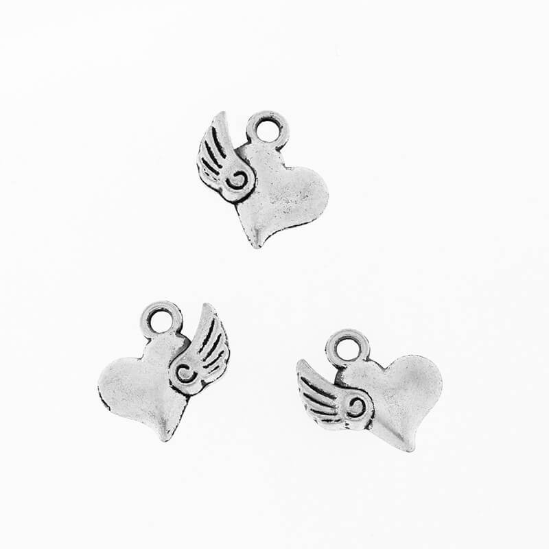 Pendants for bracelets double-sided hearts with wings antique silver 13x11x3mm 5pcs AAS574