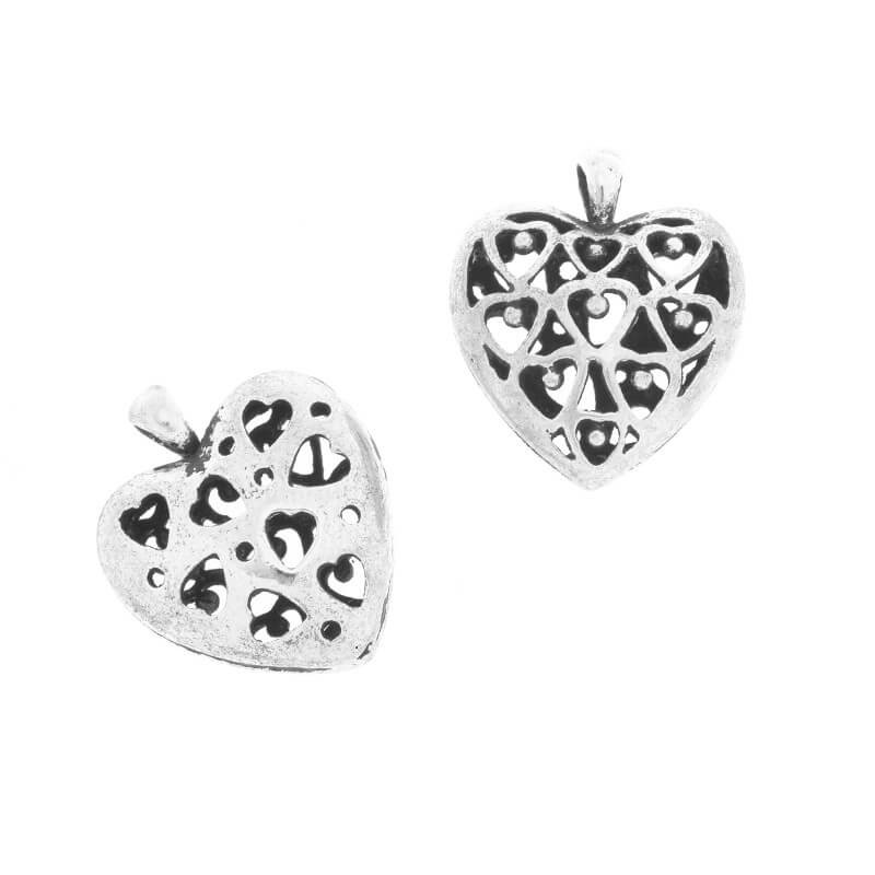 Pendants for jewelry, openwork hearts, oxidized silver 22x18x8mm, 1 piece AAS578