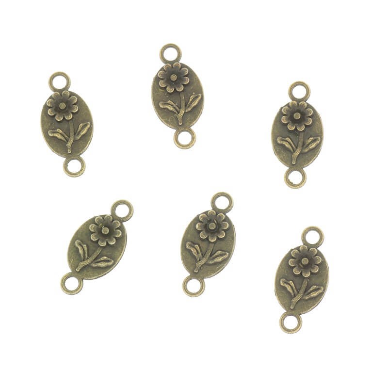 Delicate jewelry connectors oval with flower 16x8mm antique bronze 4pcs AAB229