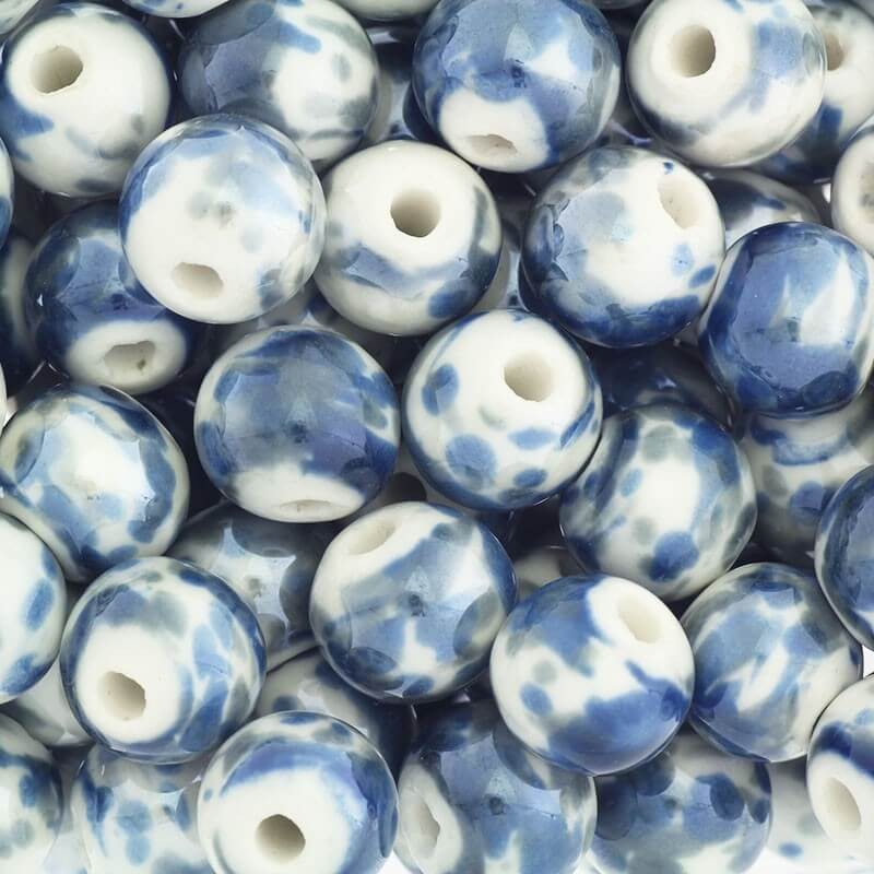 Ceramic beads for jewelry balls 12mm gray and navy blue on white melange 1pc CKU12N02K