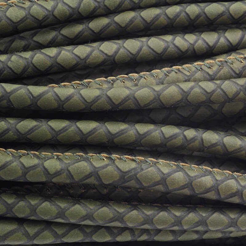 Rzemień jubilerski  szyty syntetyczny snake zieleń khaki 5x7mm  ze szpuli 1m RZSZ15