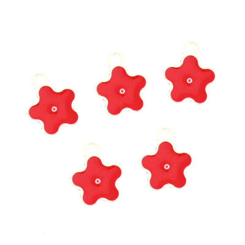 Zawieszki do bransoletek kwiatki emaliowane dwustronnie czerwone / jasne srebrne 15x12mm 2szt AASJ047