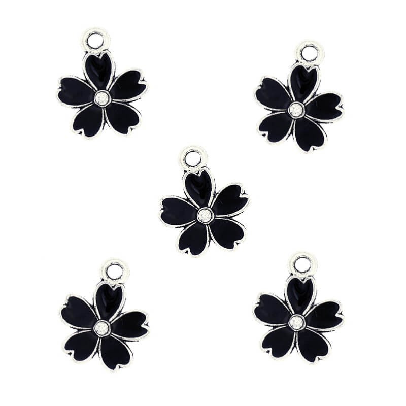 Enamel flower pendants black with crystal / antique silver 16x9mm 1pc AAS856
