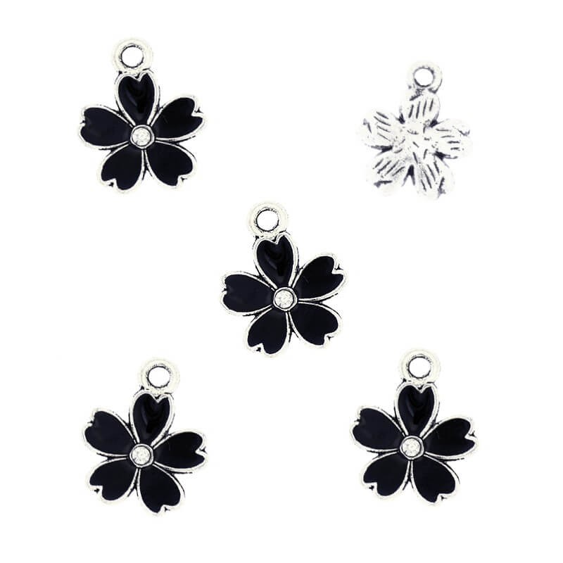 Enamel flower pendants black with crystal / antique silver 16x9mm 1pc AAS856