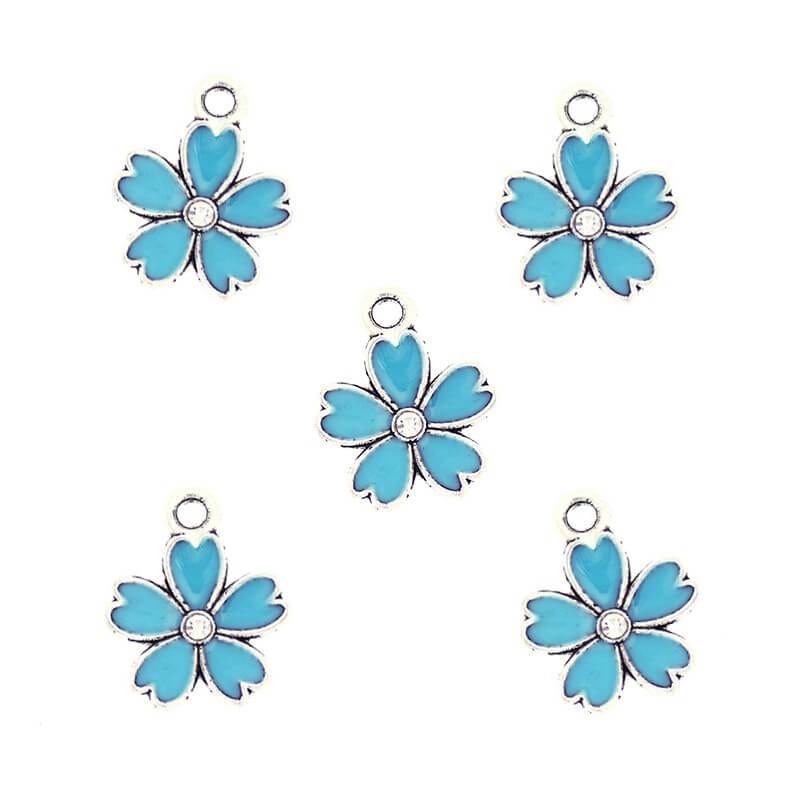 Turquoise enamel flower pendants with crystal / antique silver 16x9mm 1pc AAS857