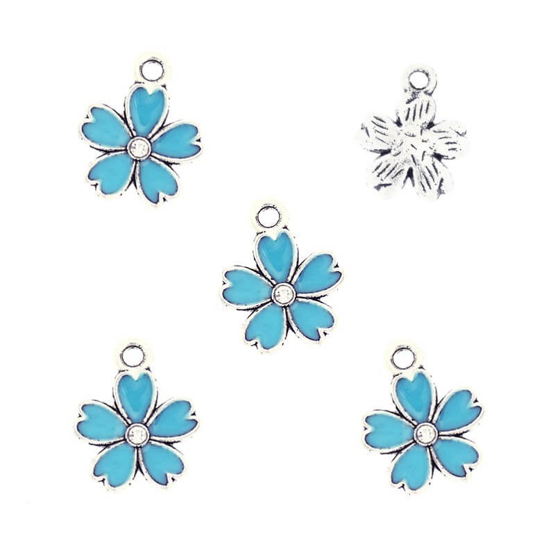 Turquoise enamel flower pendants with crystal / antique silver 16x9mm 1pc AAS857