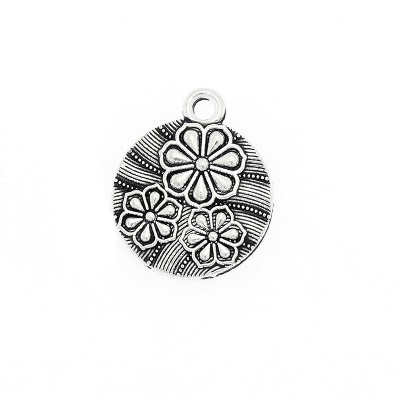 Double-sided coin pendants with flowers, 4 pieces, antique silver 18x15mm AAS916