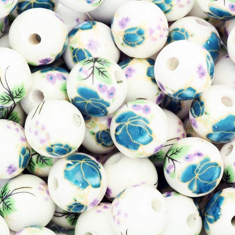 Ceramic beads / balls with turquoise flowers 12mm 1pc CKU12KWA13