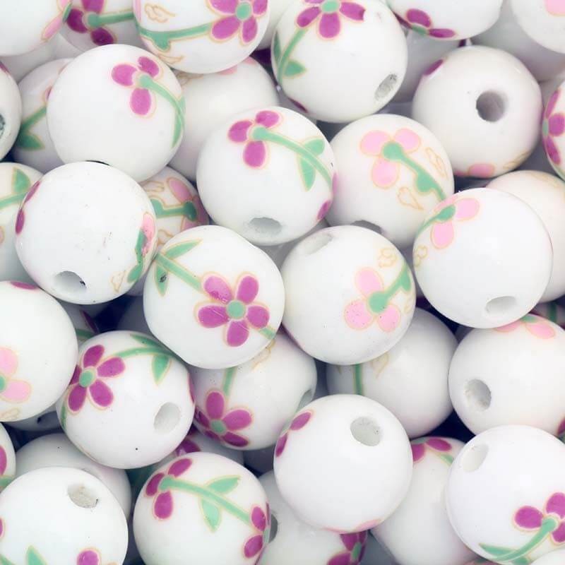 Ceramic beads / balls with simple flowers 12mm 1pc CKU12KWA11