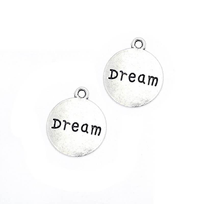 Smooth coin pendants with the inscription DREAM 4 pcs, silver 20x17x1mm AAS920
