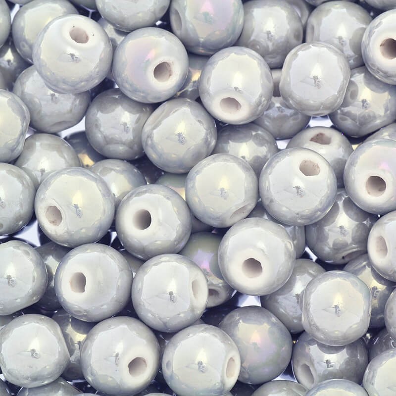 Beads for bracelets ceramic balls 12mm light gray ab 1pc CKU12S09E
