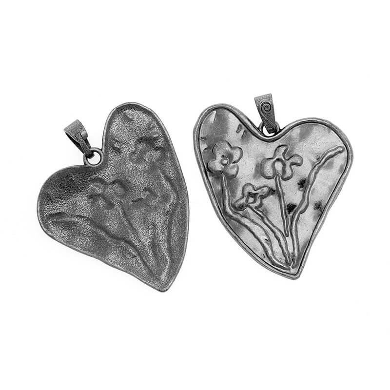 Pendants for jewelry Hammerite heart with flowers 1pc anthracite 64x78mm AAAN11