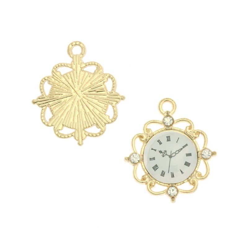 Zawieszki charms emaliowane zegarki z kryształkami ładne złoto 20x17mm 1szt AKG272