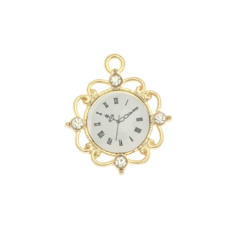Zawieszki charms emaliowane zegarki z kryształkami ładne złoto 20x17mm 1szt AKG272
