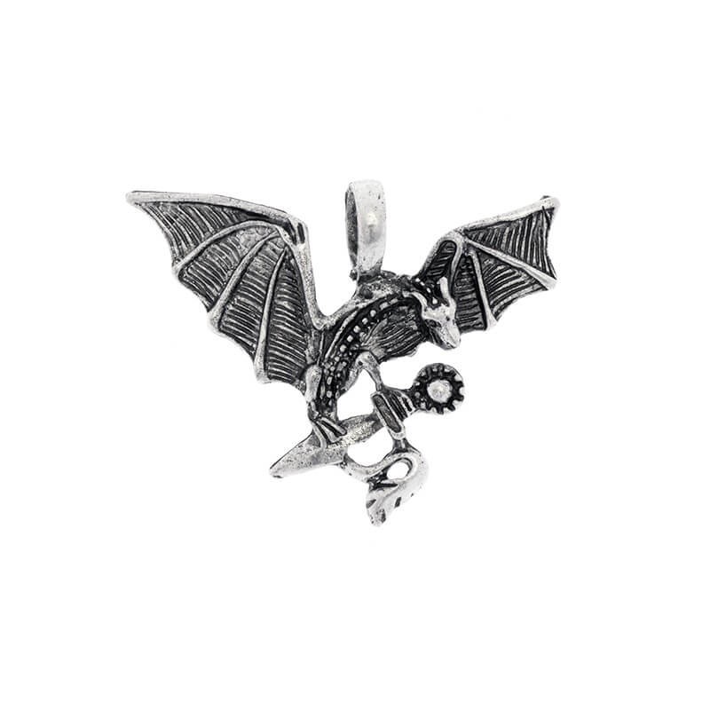 Dragon pendant with a sword, antique silver, 39x49mm AAT096