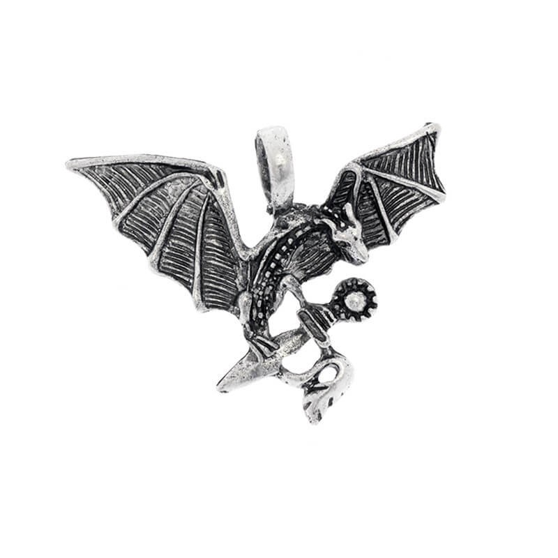 Dragon pendant with a sword, antique silver, 39x49mm AAT096