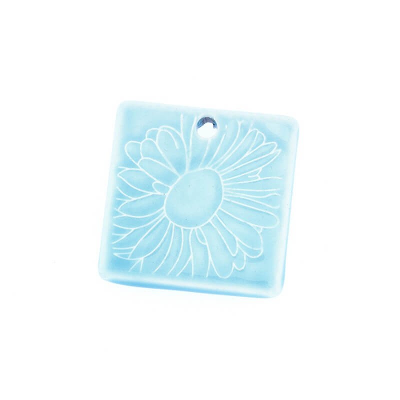 Ceramic pendant daisy medallion square 35mm blue, 1 piece CIN70