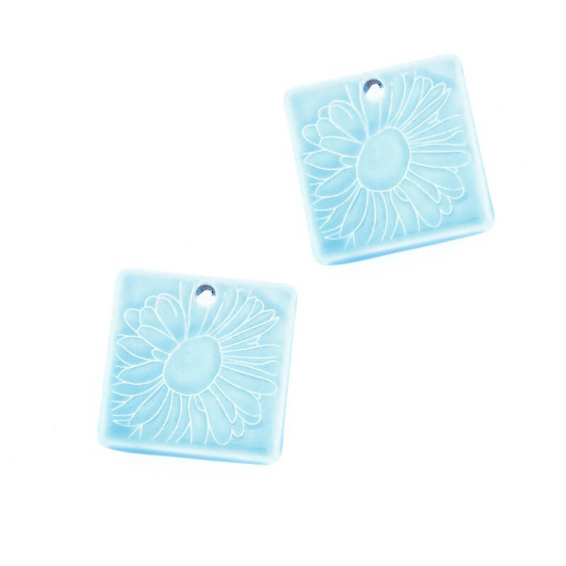 Ceramic pendant daisy medallion square 35mm blue, 1 piece CIN70