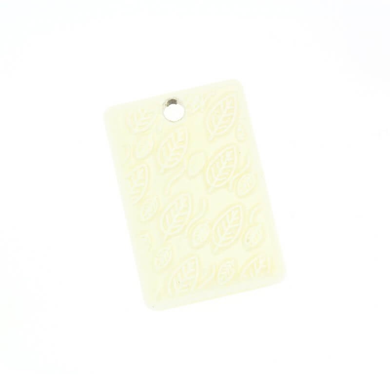 Ceramic pendant leaves medallion, rectangle 25x36mm, vanilla, 1 piece CIN68