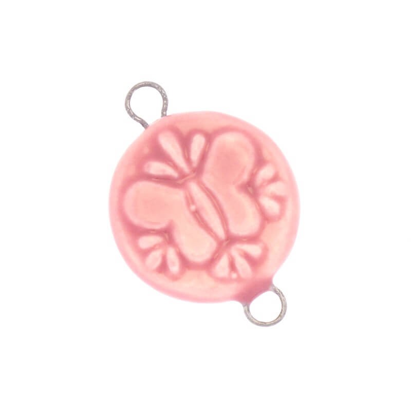 Ceramic pendants / connectors pink with a butterfly 16x25mm, 1 piece CIN42A