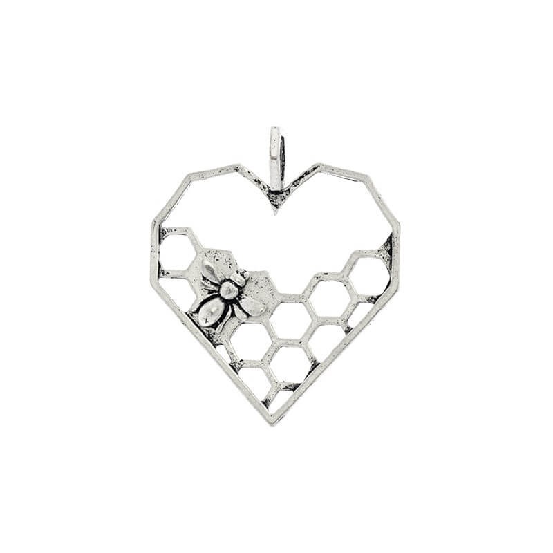 Heart charms, honeycomb and bee, antique silver 35x40mm, 1 piece AAT140