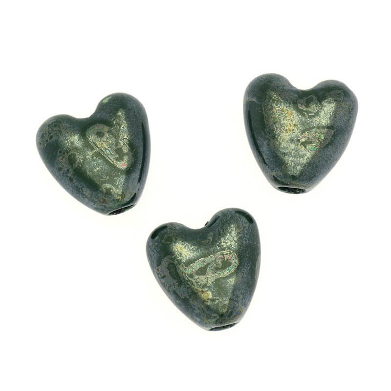 Koraliki ceramiczne serduszka ciemne zielone 15x15x7mm 2szt CIN52