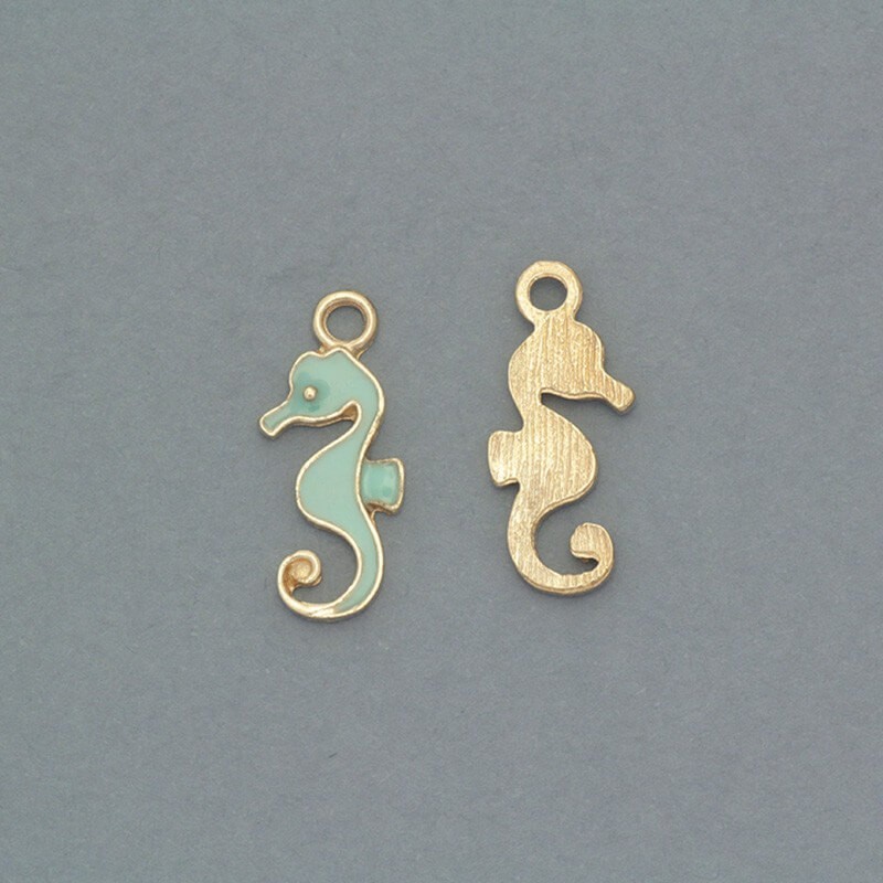 Enameled pendants sea horses mint / gold 23x9mm 2pcs AKG398