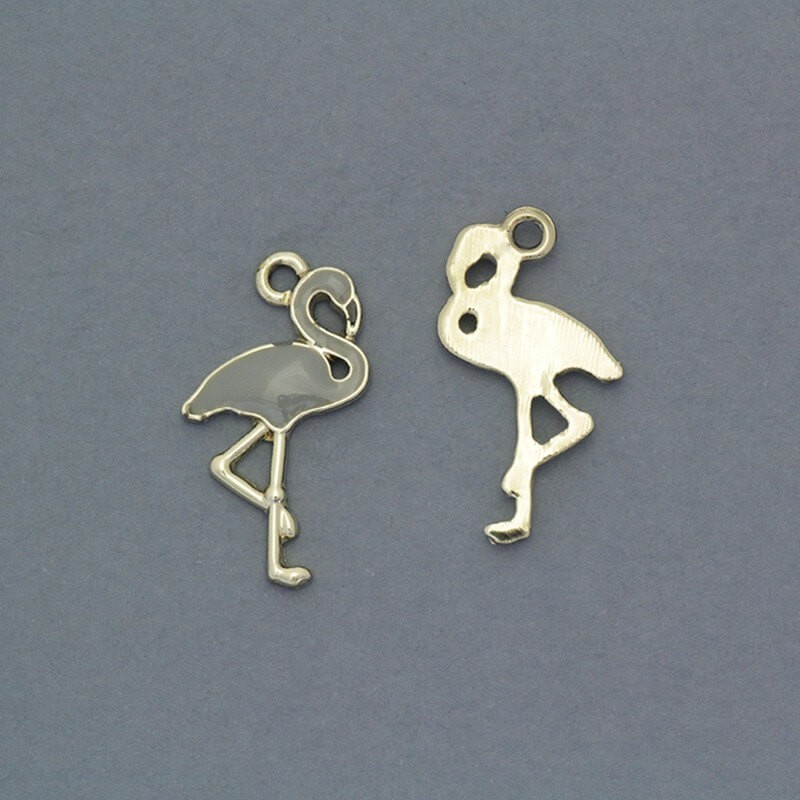Enameled pendants flamingos gray / gold 25x13mm 2pcs AKG406