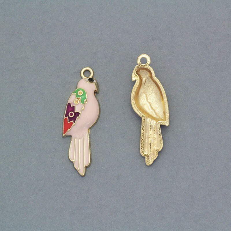 Enamel pendants of heaven birds pink / gold 29x9mm 2pcs AKG403