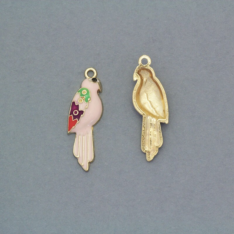 Enamel pendants of heaven birds pink / gold 29x9mm 2pcs AKG403