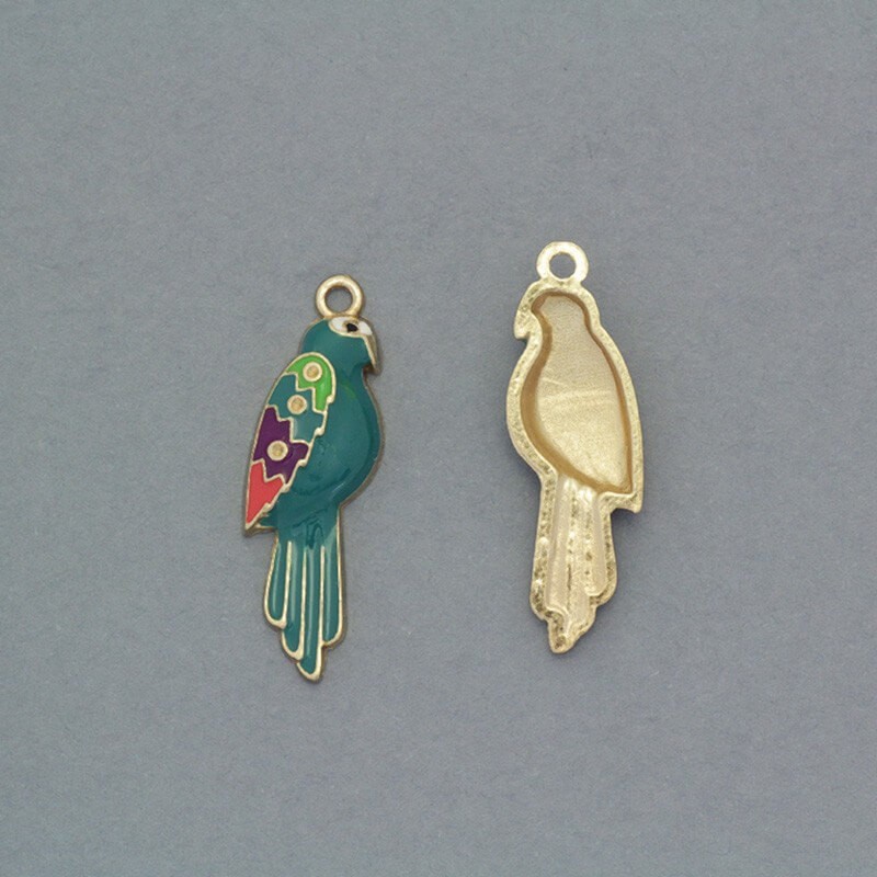 Enameled pendants of heaven birds turquoise / gold 29x9mm 2pcs AKG405