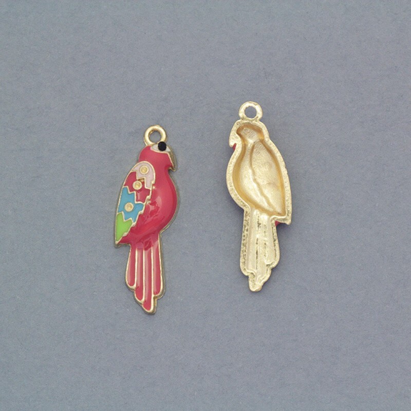 Enameled pendants of paradise raspberry / golden birds 29x9mm 2pcs AKG407