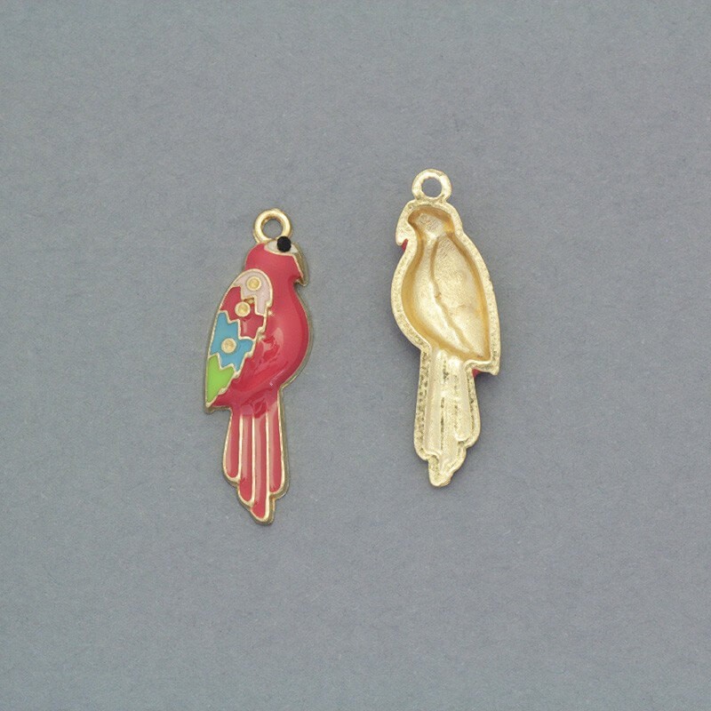 Enameled pendants of paradise raspberry / golden birds 29x9mm 2pcs AKG407