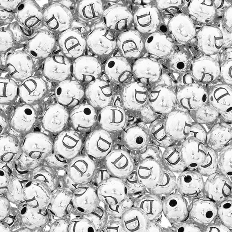 Letter beads / letter "D" / metal, 4 pcs, silver 6.5x6mm AAT393D
