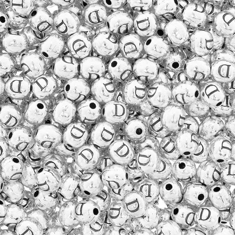 Letter beads / letter "D" / metal, 4 pcs, silver 6.5x6mm AAT393D